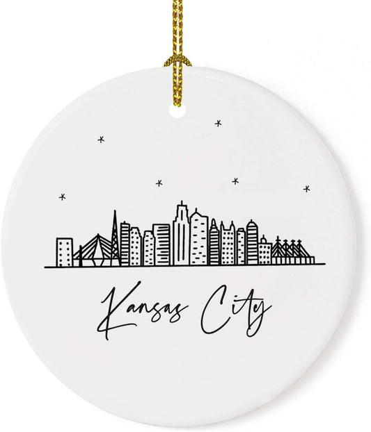 Andaz Press Round Ceramic Porcelain Christmas Tree Ornament, Kansas City Black and White Stars Skyline Graphic, 1-Pack, Birthday Family Coworker Gift, Includes Box