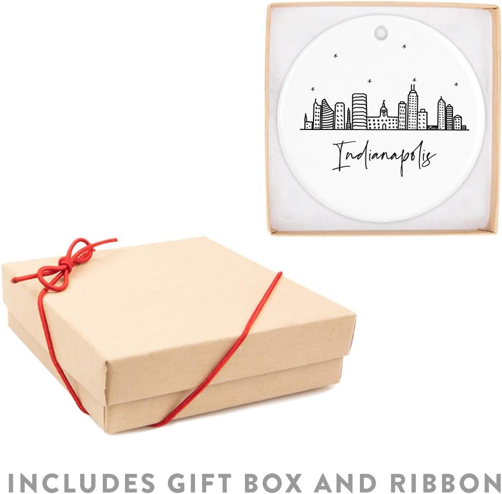 Andaz Press Round Ceramic Porcelain Christmas Tree Ornament Keepsake Gift, Indianapolis, Black and White Stars City Skyline Graphic, 1-Pack, Birthday Ideas Family Coworker Him Her, Includes Gift Box