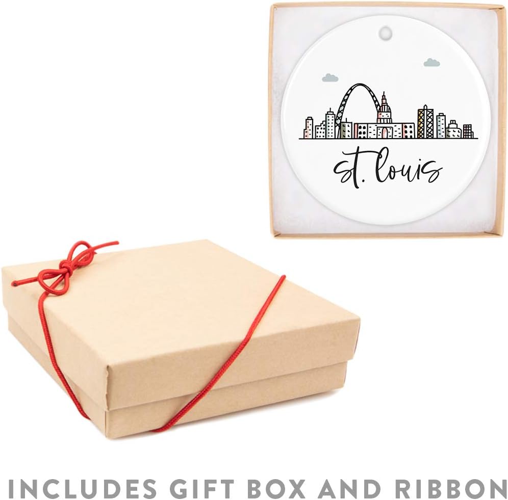 Andaz Press Round Ceramic Porcelain Christmas Tree Ornament Keepsake Gift, St. Louis, Colorful City Skyline Graphic, 1-Pack, Birthday Family Coworker Includes Gift Box St. Louis Ornament 2024