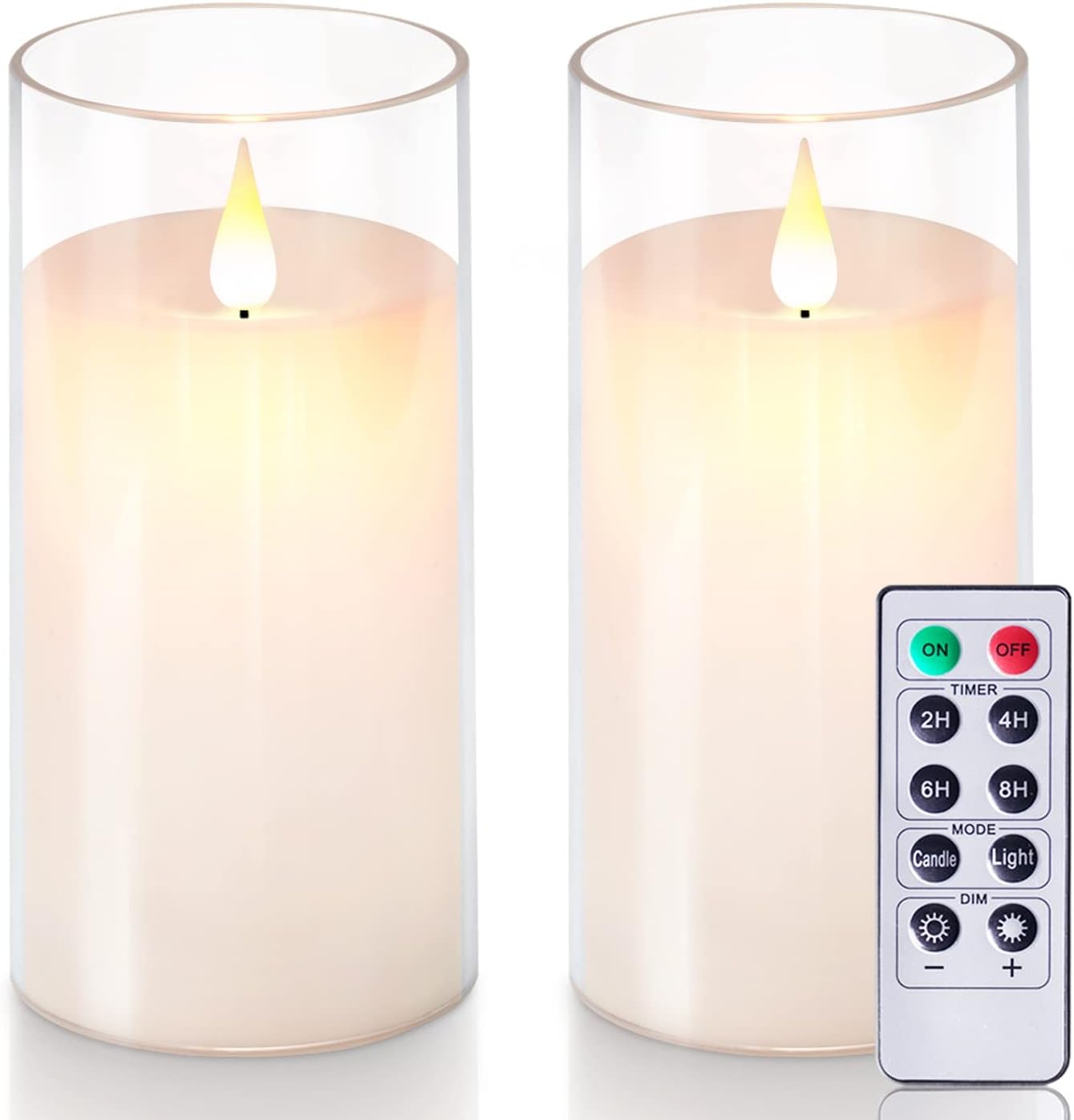 5plots 3" x 6" Pure White Flickering Flameless Candles with Clear Shell, Unbreakable Glass Battery Operated Plexiglass LED Pillar Radiance Candles with Remote Control and Timer