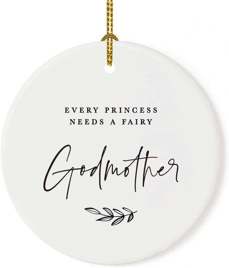 Andaz Press Round Ceramic Porcelain Christmas Tree Ornament Keepsake Collectible Godmother Gift, Every Princess Needs a Fairy Godmother, Antique Handdrawn, 1-Pack