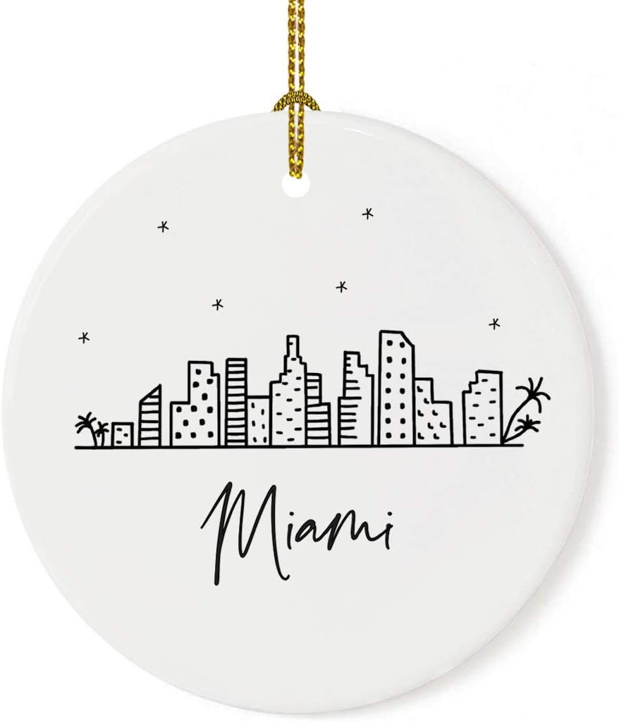 Andaz Press Round Ceramic Porcelain Christmas Tree Ornament Keepsake, Miami Black and White Stars City Skyline Graphic, 1-Pack, Birthday Gift Ideas Family Coworker Him Her, Includes Gift Box