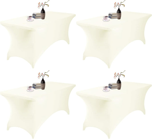 4Pack Spandex Waterproof Table Covers 6ft，Spandex 6ft Waterproof Table Cover for Party,Wedding, Banquet, and Events(Ivory)