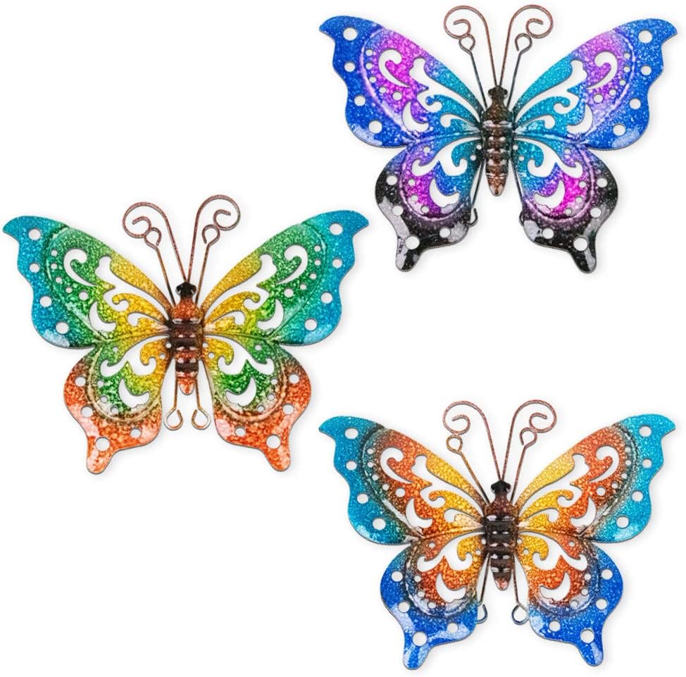 3 Pack Metal Butterfly Wall Decor, Colorful Metal Butterfly Outdoor Wall Art, Hand-Made Outdoor Wall Decor For Garden, Patio, Fence, Yard