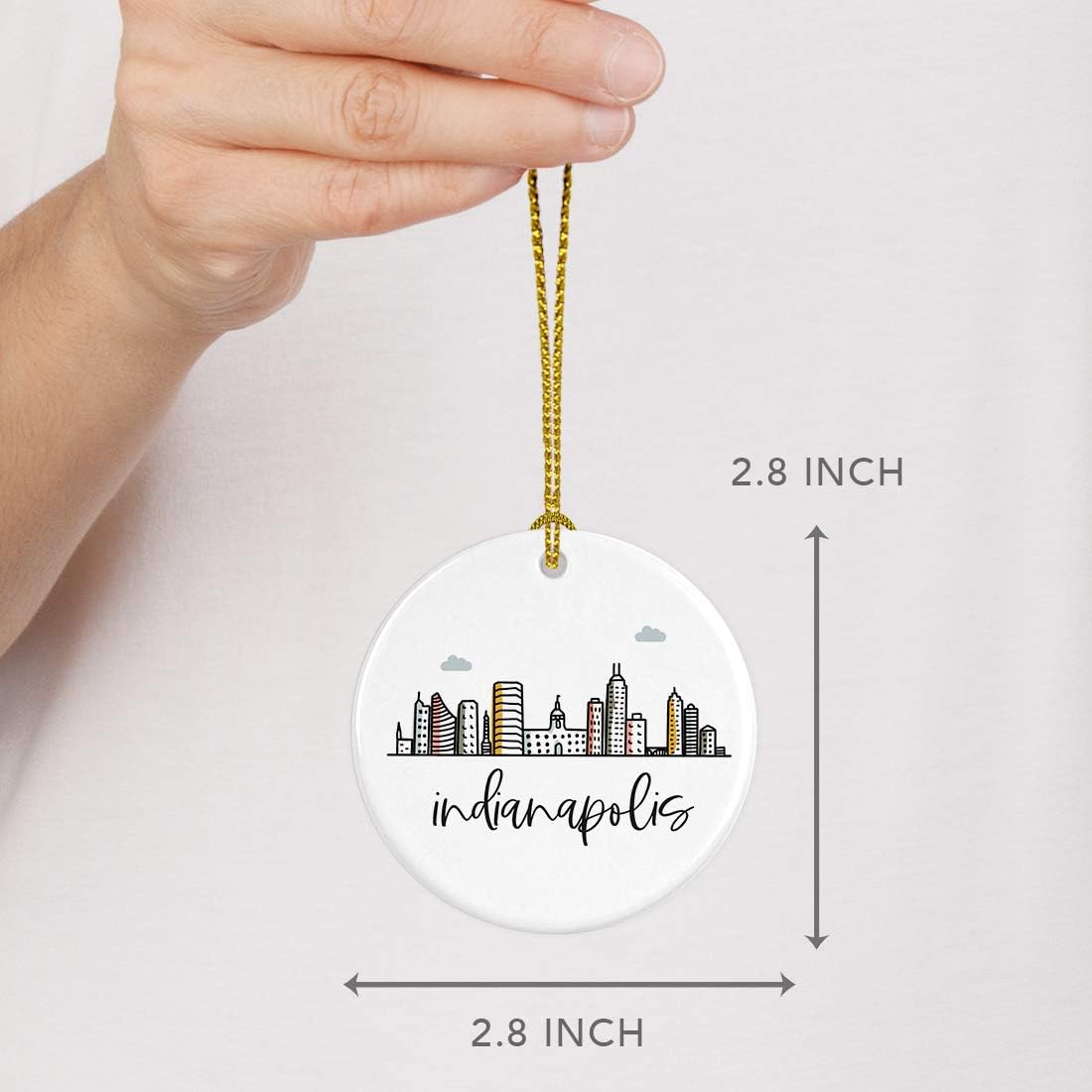Andaz Press Round Ceramic Porcelain Christmas Tree Ornament Keepsake Gift, Indianapolis, Colorful City Skyline Graphic, 1-Pack, Birthday Ideas Family Coworker Him Her, Includes Gift Box