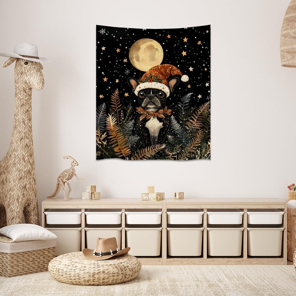 French Bulldog Christmas Tapestry Wall Hanging Cute Dog Santa Hat Moon Pictures Print Pet Lover Gift Funny Christmas Tapestries Aesthetic for Winter Home Nursery Kids Bedroom Decor 30x40inch