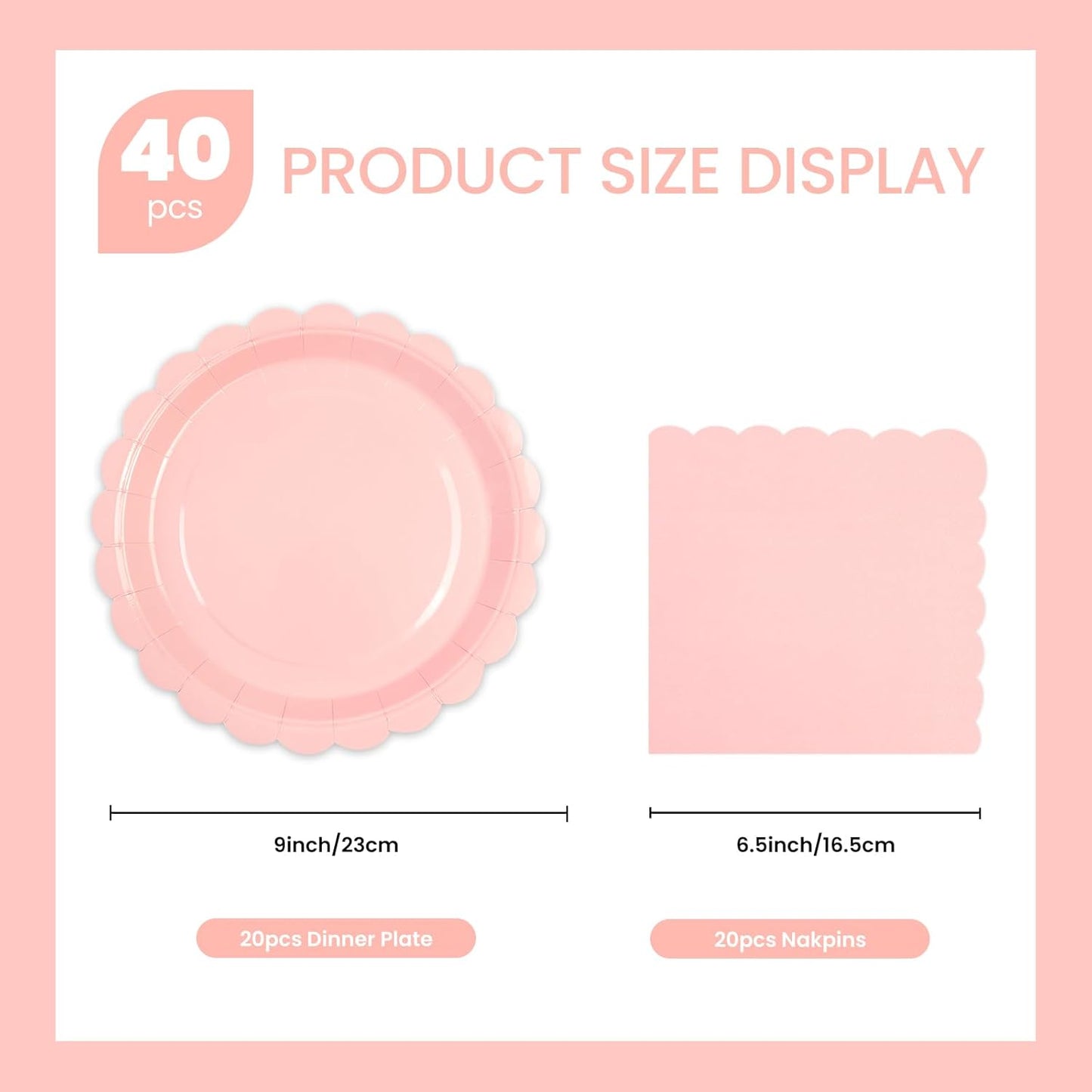 40 pcs Pink Party Paper Plates and Napkins Disposable 9 inch 20 pcs Dessert Plates & 20 pcs Napkins Tableware for Fruit Cake Party Decorations