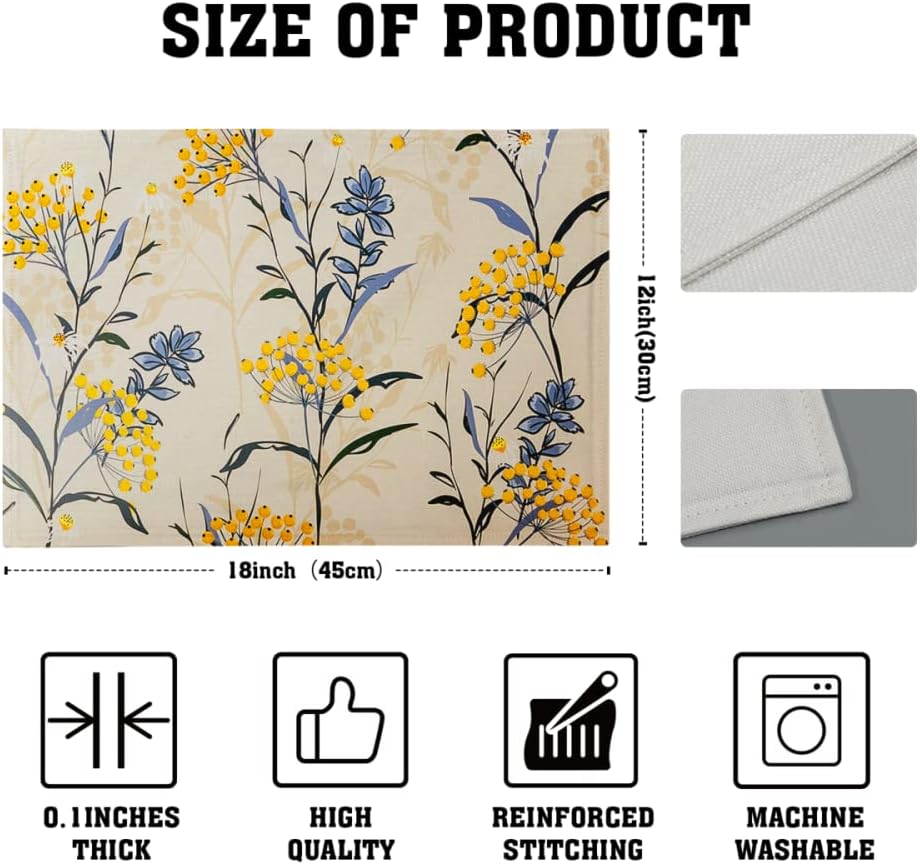 Floral Placemats Set of 4 Vintage Floral Summer Flowers Yellow Placemats for Kitchen Table Linen Placemats Washable Non-Slip Heat Resistant Place Mats for Party Kitchen Dining Decorations 18x12 Inch