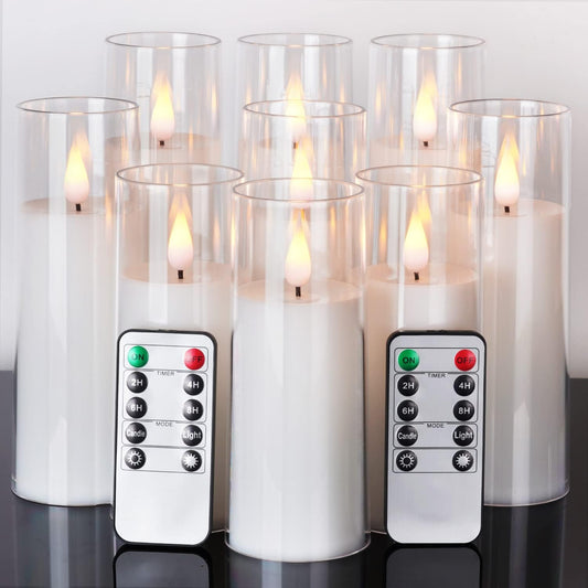 Amagic Pure White Flameless Candles, Battery Operated Candles, Acrylic Flickering LED Pillar Candles with Remote Control and Timer, 3D Wick, Yellow and Blue Glow, D2.2 xH5 6" 7", Set of 9