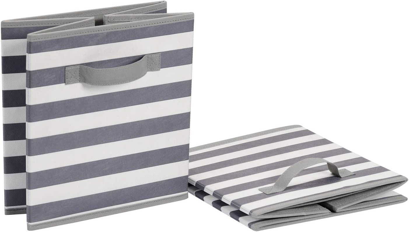Amazon Basics Cube Organizer Storage Bins Handles, Collapsible Fabric, Pack of 6, 10.5"x10.5"x11", White/ Light Grey Stripe