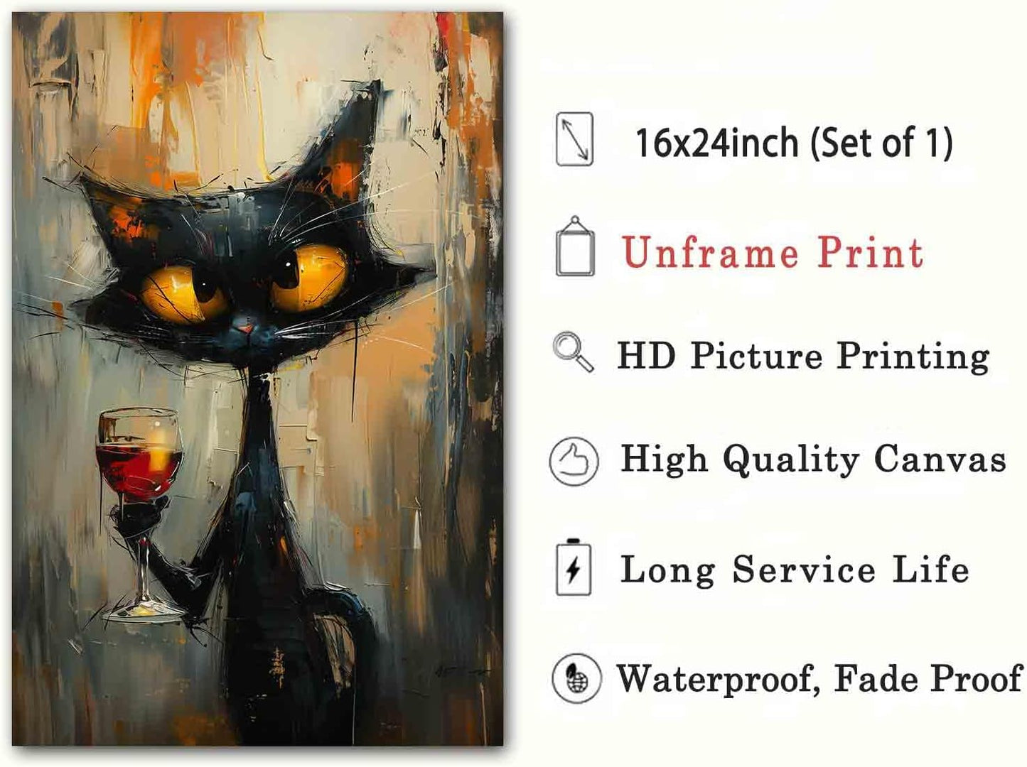 Funny Black Cat Wall Art Cute Black Cat Pictures Animal Abstract Painting Red Wine Wall Art Abstract Cat Cute Pictures Vintage Animal Pictures Funny Painting Living Room Decor 16x24inch No Frame