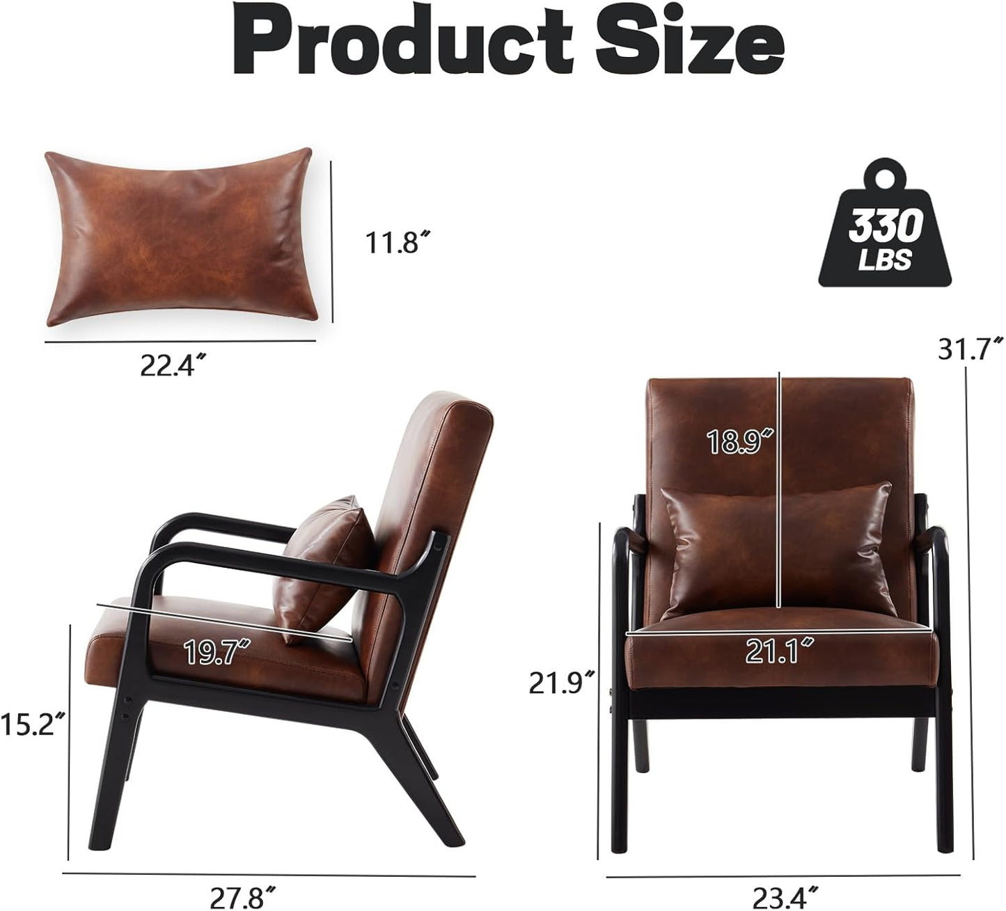 Accent Chair Mid Century Modern Armchair with Lumbar Support Pillow Wood Legs PU Leather Upholstered Lounge Chairs Comfy High Back Cushion for Living Room Bedroom