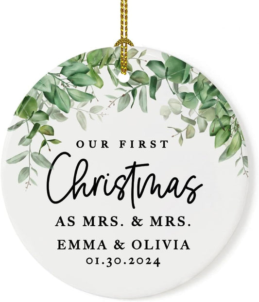 Andaz Press Personalized Our First Christmas As Mrs. & Mrs. 2025 Christmas Ornaments Greenery 2.8" Round Porcelain Ceramic Lesbian Married Couple Gay Women Newlyweds Hers Wedding Keepsake 1-Pack