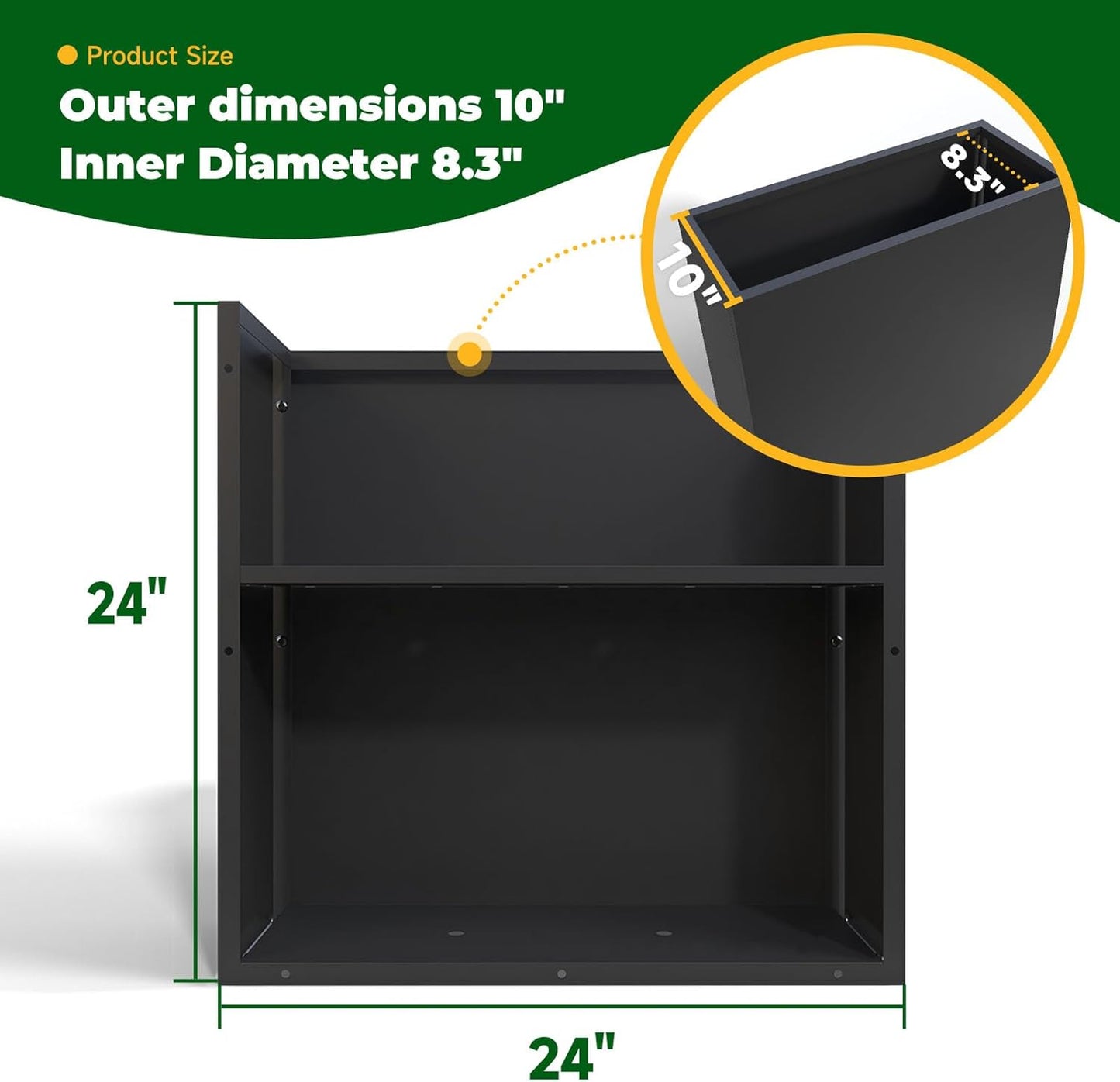 Galvanized Steel Metallic Heavy Planter for Outdoor Plants Metal Outdoor Planter Spliced Flower Box with Partitions for Outside,Indoor,Garden (Black, 24 * 10 * 24)