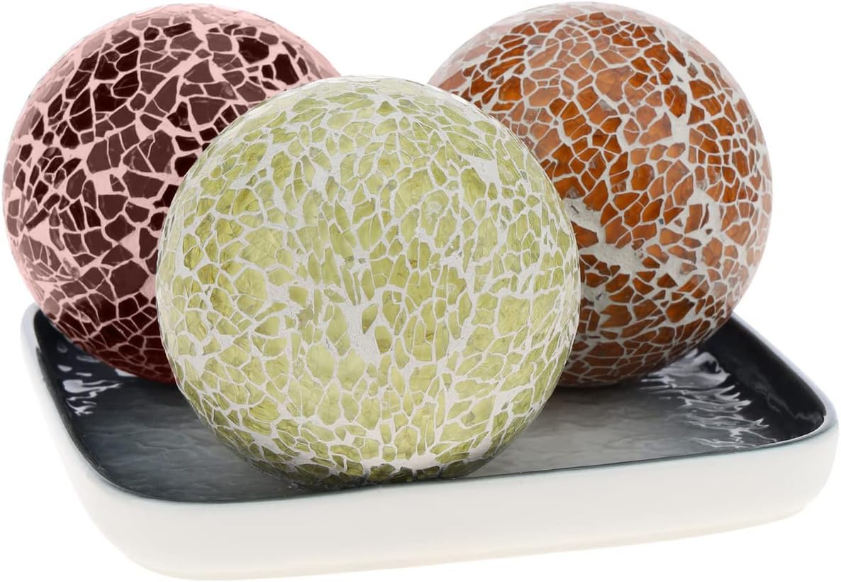 3 PCS 3.35inch Glass Mosaic Sphere Balls Mix Color Table Bowls Vases Centerpieces Set Christmas Party Living Room Thanksgiving Wedding Festival Decorative Orbs