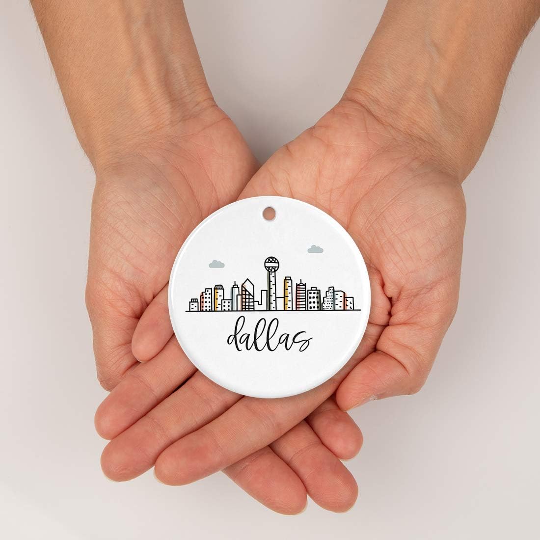 Andaz Press Round Ceramic Porcelain Christmas Tree Ornament Keepsake Gift, Colorful Dallas City Skyline, 1-Pack, Birthday Ideas Family Coworker Gift, Includes Box