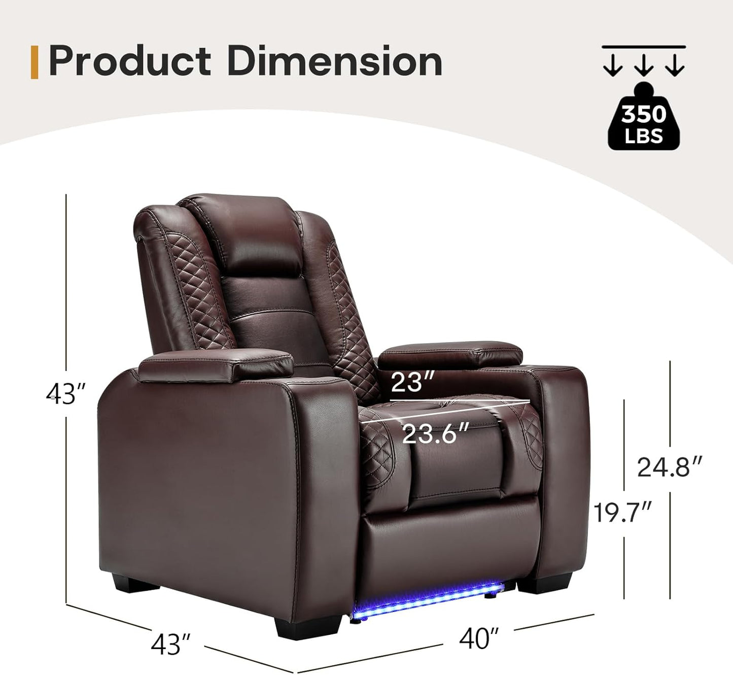 ANJ Power Home Theater Seating Set of 3, Brown Faux Leather Electric Recliner Chair with Powered Headrest, Dual Motors Movie Reclining Chairs with LED Lights,USB Port,Cup Holders, Hidden Arm Storage