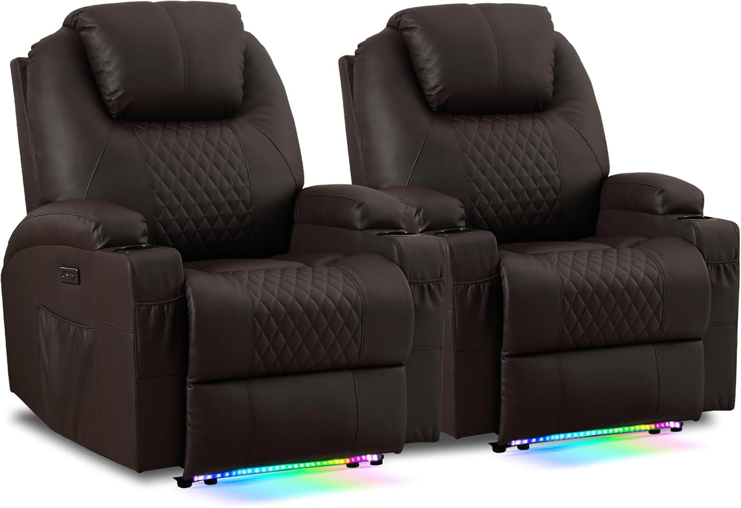 AHMED Power Recliner Chair with Vibration Massage & Heat for Adults, Faux Leather Home Theater Seating with Cup Holders/LED Lights/USB Ports/Side Pockets for Living Room, Brown
