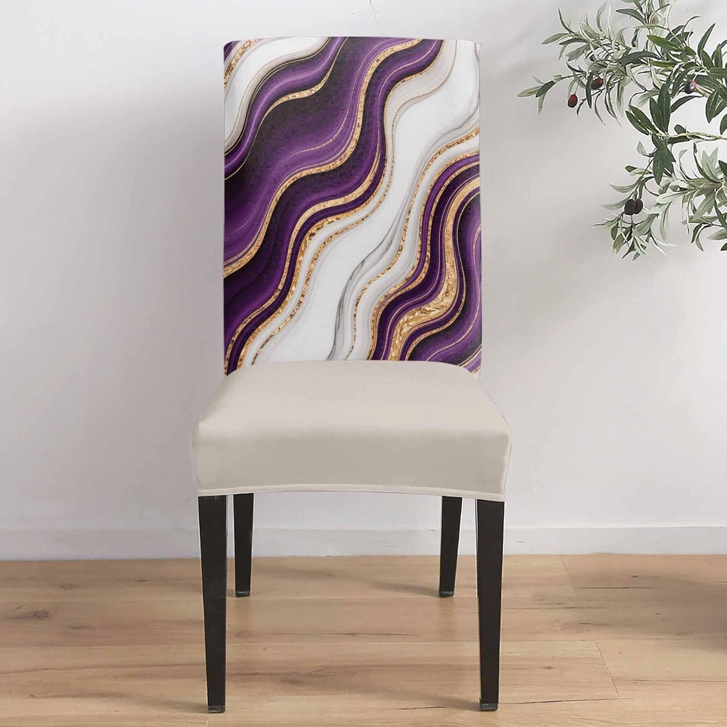 6 Pcs Dining Chair Covers Stretch Spandex Slipcovers Purple Marble Gold Inlay Removable Washable Dining Room Seat Cover Cushion Protector for Home Hotel Banquet Decor Abstract Geometric Stripes