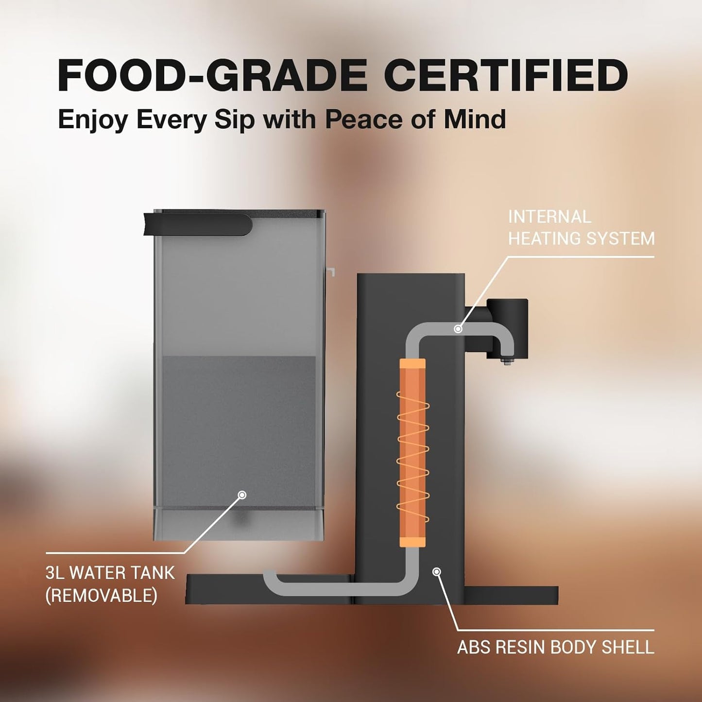 AIRHOP Instant Hot Water Dispenser, Quick Heating Countertop Water Dispenser with Child Locks, Adjustable 5 Temp 3 Water Volume Dispense, 100OZ 3L Removable Tank, Ideal for Home Office Kitchen, Black