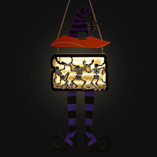 FINGOOO Halloween Door Hanging Sign, Large Witch Skeleton Halloween Door Hanger with Light for Front Door Decor