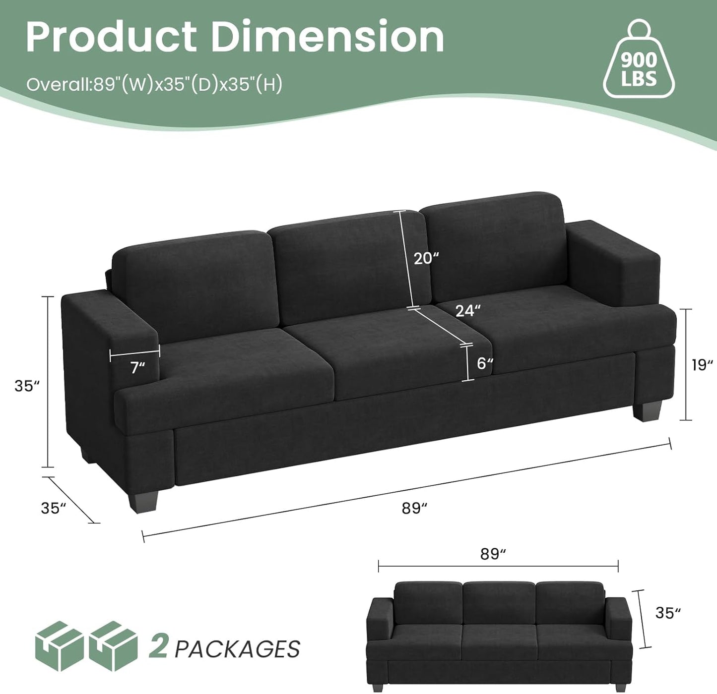 2 Piece Set Comfy Sofa Couch, 3 Seater & Loveseat Sofa with Deep Seats, Modern Sleeper Couch for Living Room, Dark Grey Chenille