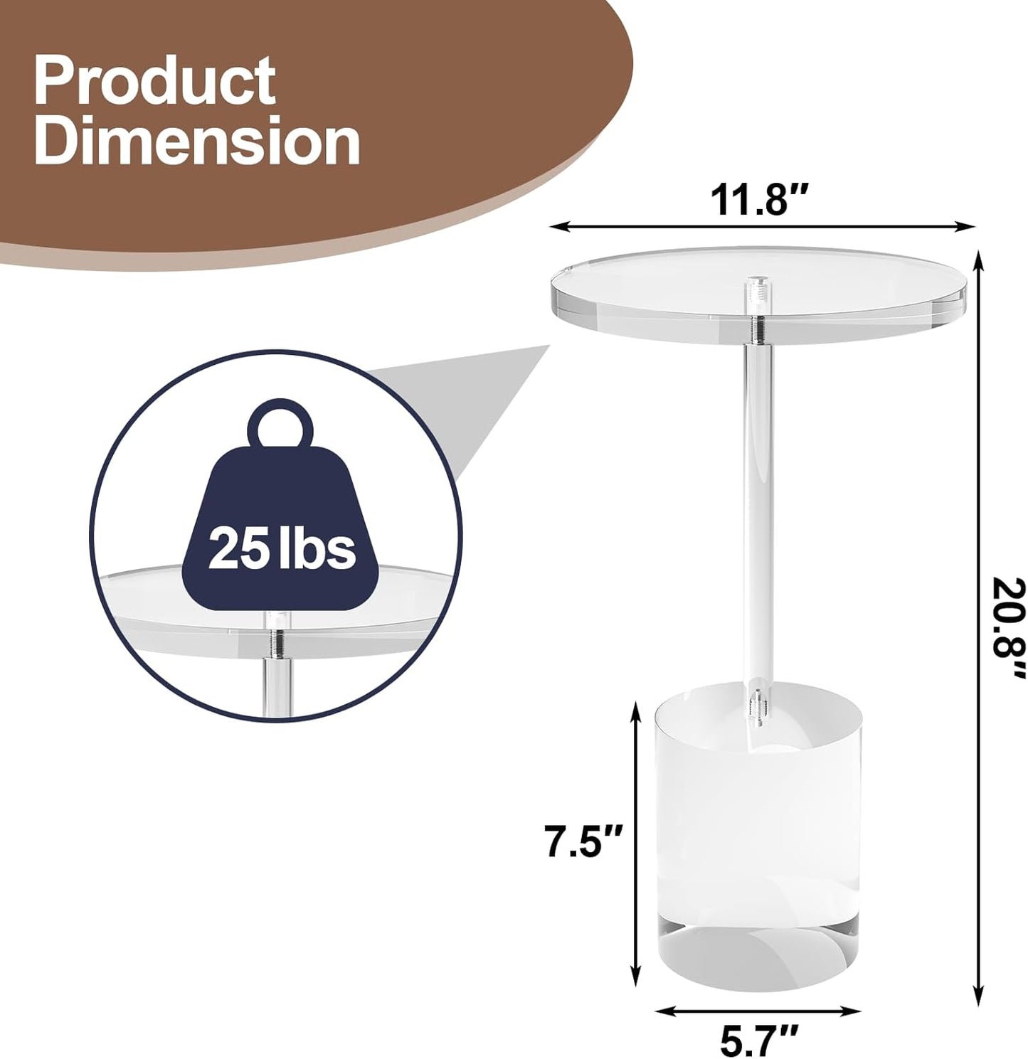 Acrylic End Table, Modern Minimalist Acrylic Side Tables, Clear Side Table for Living Room, Bedroom, Office, Drink Table (12" D x 12" W x 21" H, Transparent)