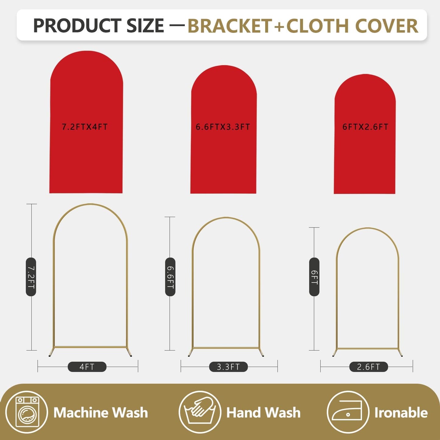 Arch Backdrop Stand and Cover Set, 3 Metal Balloon Arch Backdrop 7.2ft 6.6ft 6ft, Gold Arched Stand Frame for Wedding, Parties,Birthday, Backdrop Decorations (Red,7.2ft+6.6ft+6ft)