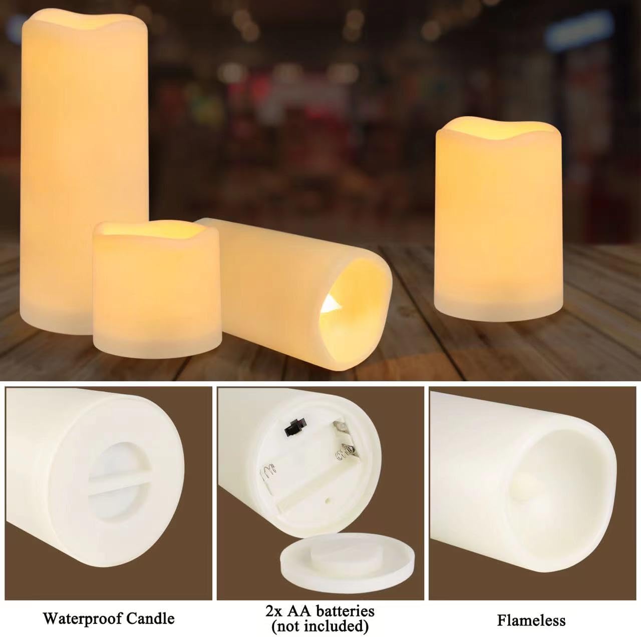 Flameless Battery Operated Outdoor Waterproof Set of 12(D: 3" x H: 3" 4" 5" 6") Pillar LED Candles with 10-Key Remote and Cycling 24 Hours Timer