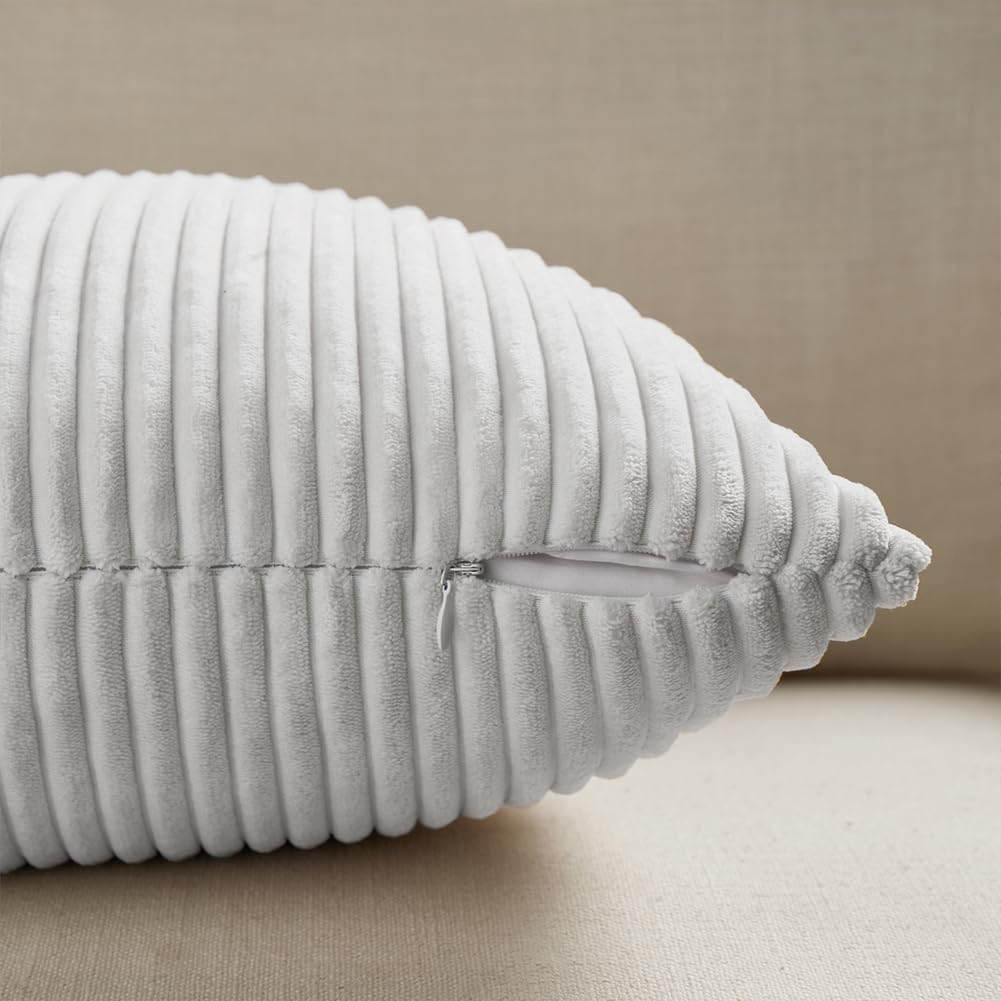 Fancy Homi 2 Packs White Lumbar Decorative Throw Pillow Covers 12x20 Inch for Living Room Couch Bed Sofa, Rustic Farmhouse Boho Home Decor, Soft Striped Corduroy Rectangle Accent Cushion Case 30x50 cm