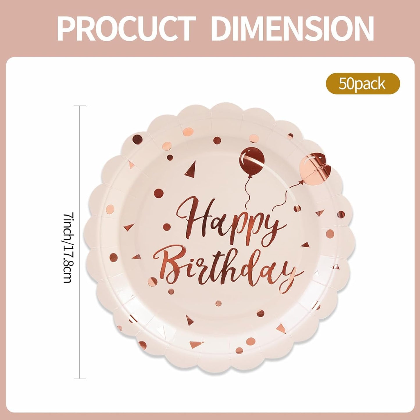 50PCS Pink Rose Birthday Paper Plates - 7 Inch Happy Birthday Cake Plates Scalloped Pink Dessert Plate Disposable Party Tableware Set for Girls Women Birthday's Party Supplies Decorations