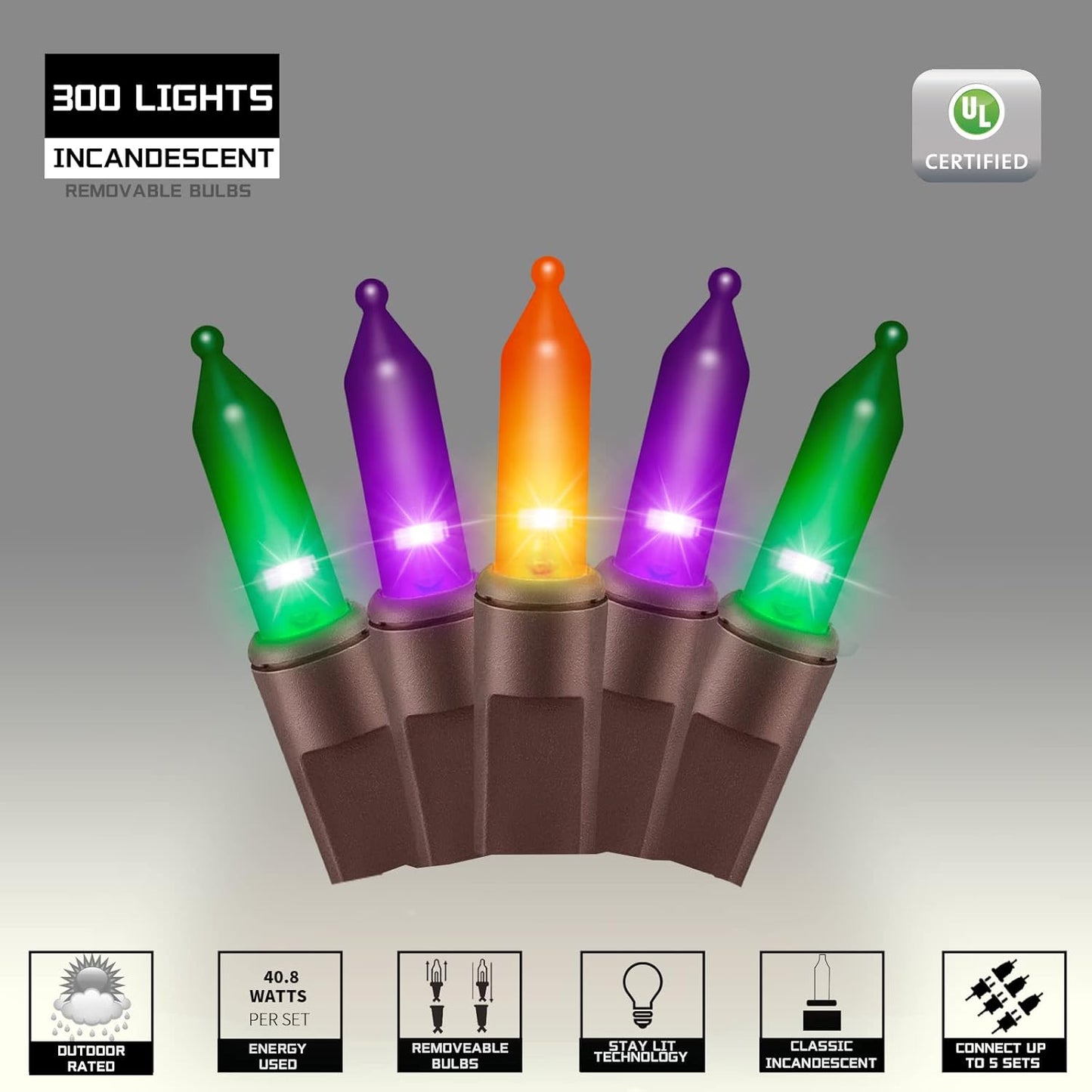 300LIGHTS(2*150L) ORANGE PURPLE and GREEN Extra-Bright With End Connectors Halloween Decorative Lights 19.44m UL Certified Mini String Light Set Waterproof for Halloween Home Garden Tree Party