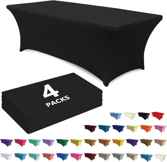ABCCANOPY 4 Pack 4 FT Black Spandex Table Cover Stretch Fitted Wrinkle Resistant Tablecloth Reuse for Rectangular Folding Table Patry Event Wedding Banquet Protector