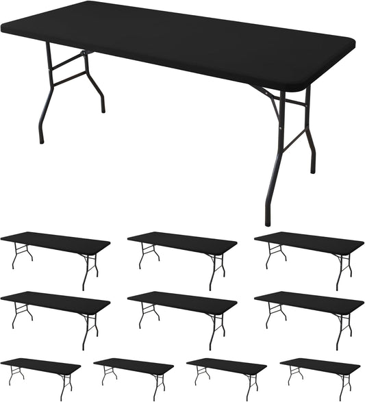 Fitted Tablecloth for 8 Foot Rectangle Tables-10 Pack Black Elastic Outdoor Picnic Table Cover-Spandex Stretch Folding Table Cloths 8ft for Camping Dining Room Patio Kitchen Banquet Party