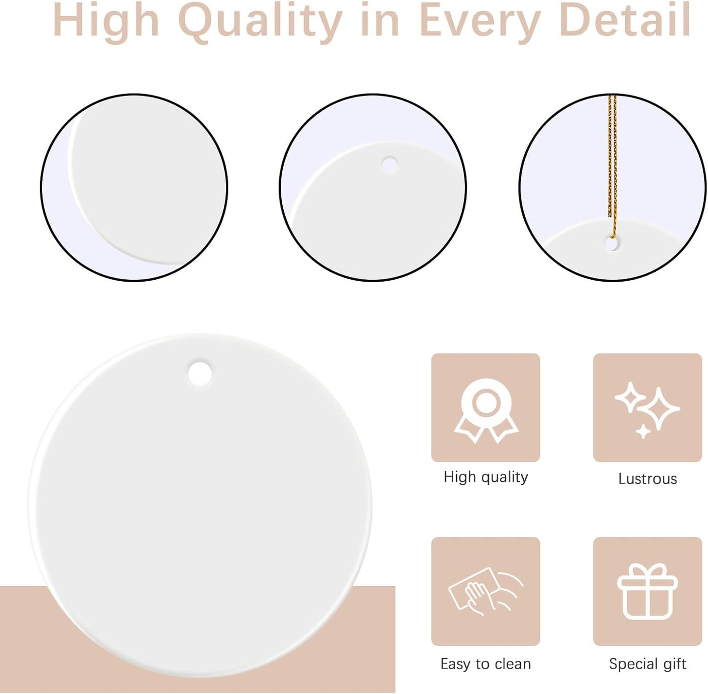 50 PCS Sublimation Ceramic Ornament Blank 3 inch Round Crafting DIY Personalized Christmas Home Decor Bulk Two-Sided Printed White Ceramic Decoration