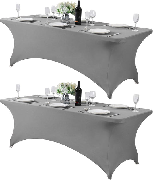 2Pack Spandex Table Cover for 8FT or 4ft or 6ft Table Universal Fitted Stretch Tablecloth for Party, Banquet, Wedding and Events-Gray