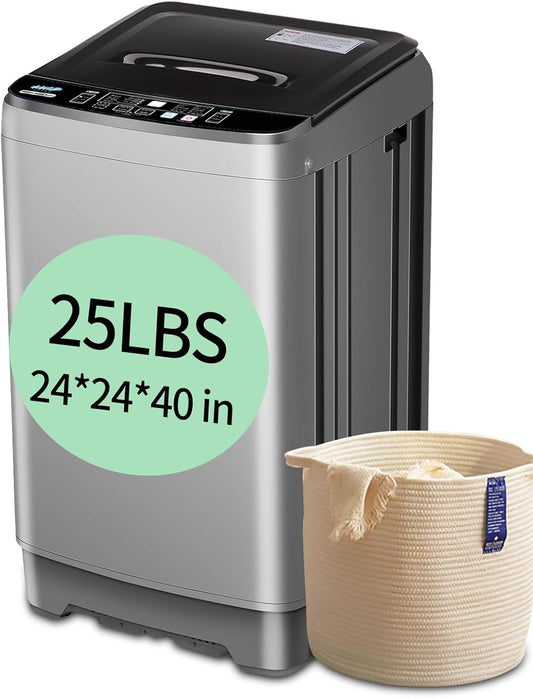 25 lbs Full Automatic Washing Machine with LED Display Compact Washing Machine with Drain Dump, 10 Wash Programs and 8 Water Levels Ideal for Dorms, Apartments, RV, Grey
