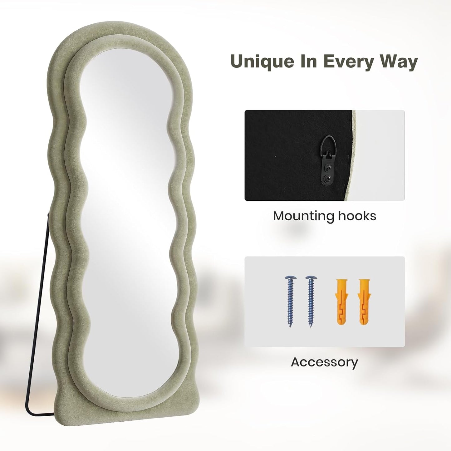 Full Length Mirror 63"x24" Arched Wavy Full Body Wall Mounted Floor Mirror with Stand Sage Flannel Frame Leaning Hanging Wall Mirror for Bedroom Entrance Hallway