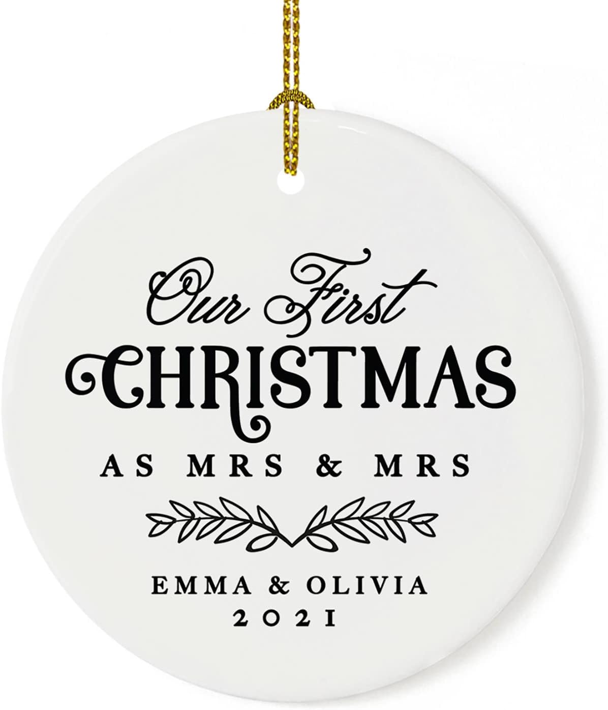 Andaz Press Personalized Our First Christmas As Mrs. & Mrs. 2025 Christmas Ornaments Laurel Wreath Leaves 2.8" Round Porcelain Ceramic Lesbian Married Couple Gay Women Newlyweds Keepsake 1-Pack