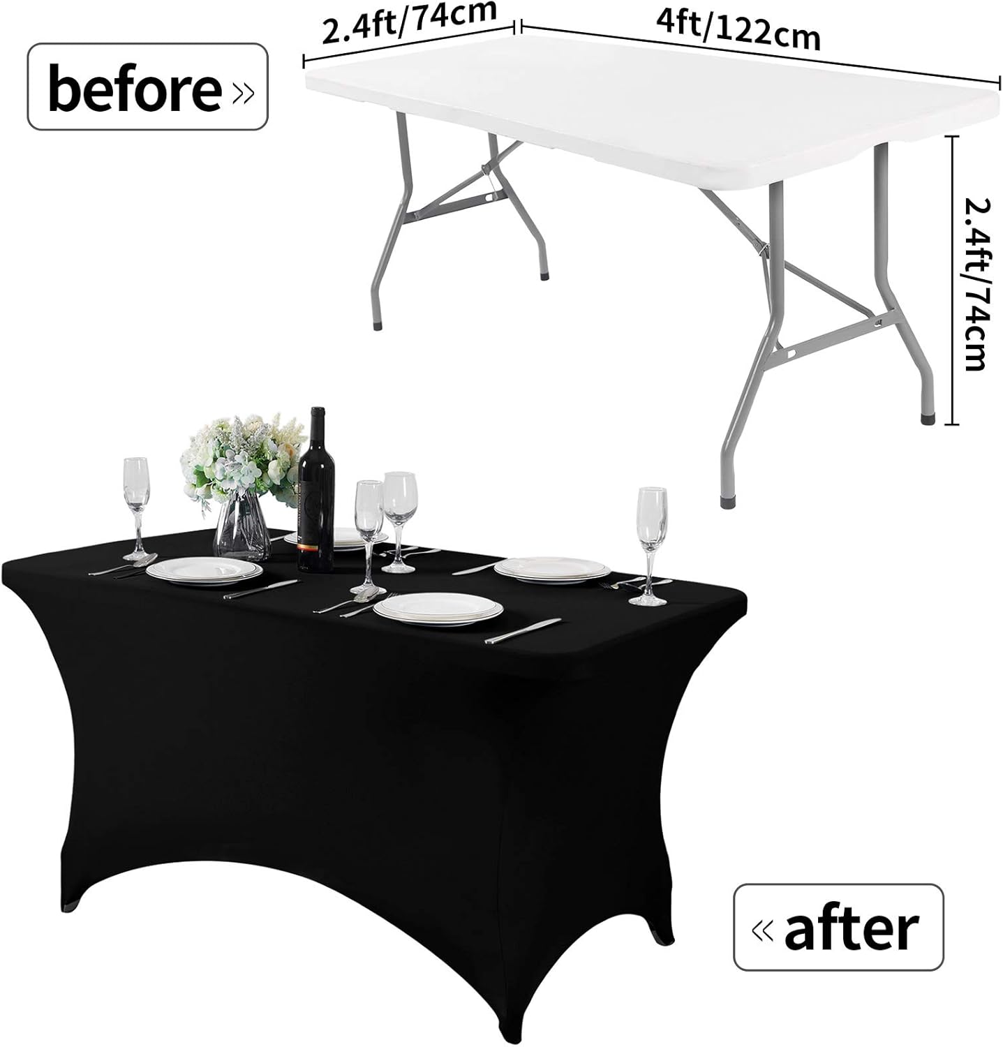 2Pack Spandex Table Cover for 4FT or 6ft or 9ft Table Universal Fitted Stretch Tablecloth for Party, Banquet, Wedding and Events-Black