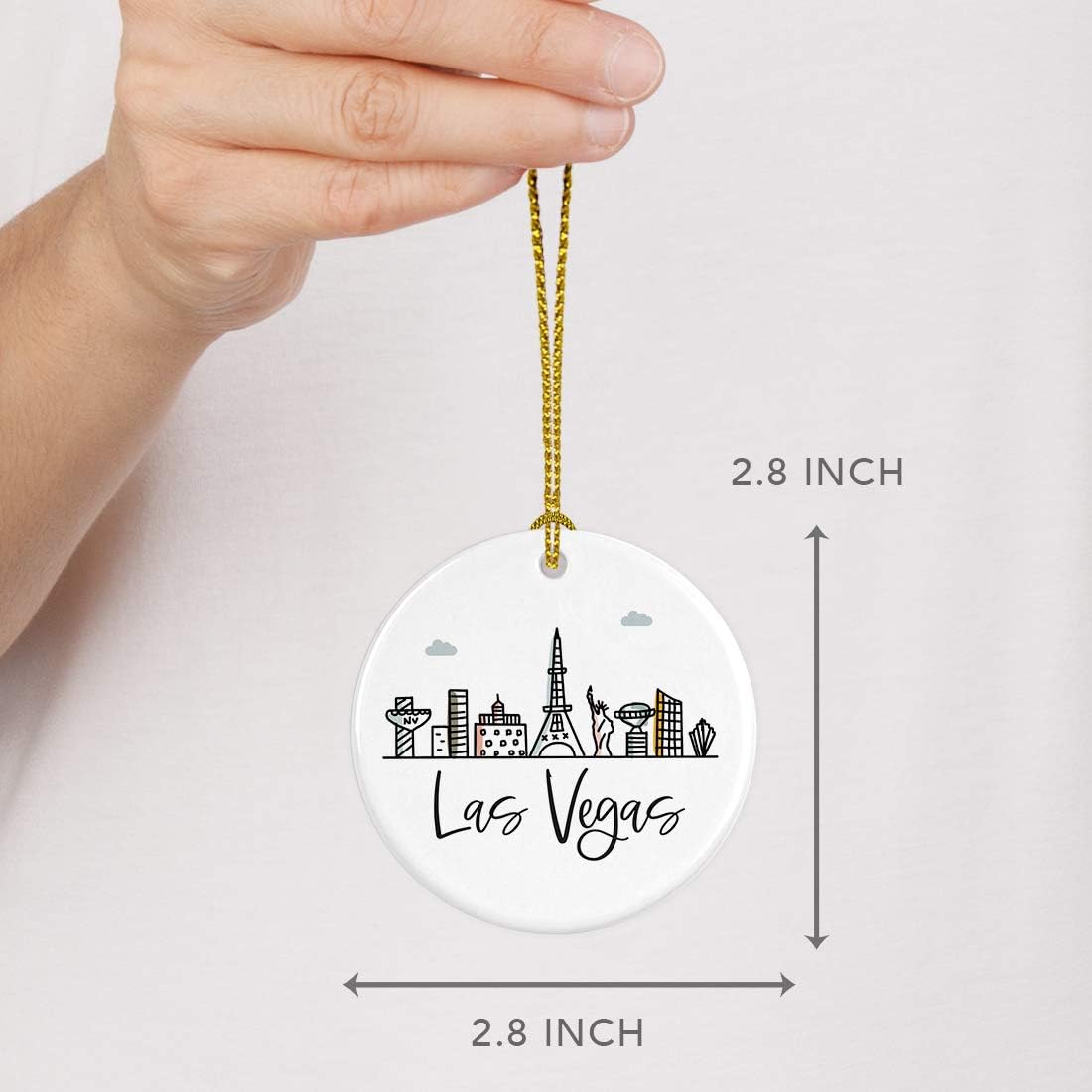 Andaz Press Round Ceramic Porcelain Christmas Tree Ornament Keepsake Gift, Las Vegas, Colorful City Skyline Graphic, 1-Pack, Birthday Gift Ideas Family Coworker Him Her, Includes Box