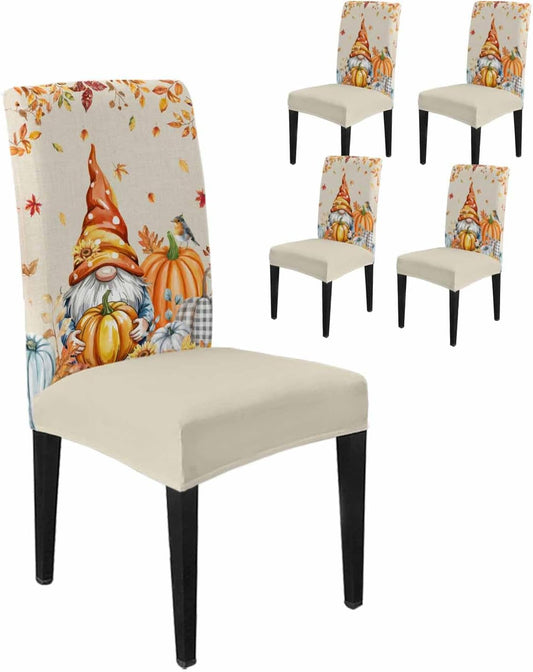 4 Pcs Dining Chair Covers Stretch Spandex Slipcovers Farm Thanksgiving Gnome Pumpkin Removable Washable Dining Room Seat Cover Cushion Protector for Home Hotel Banquet Decor Fall Maple Leaves Linen