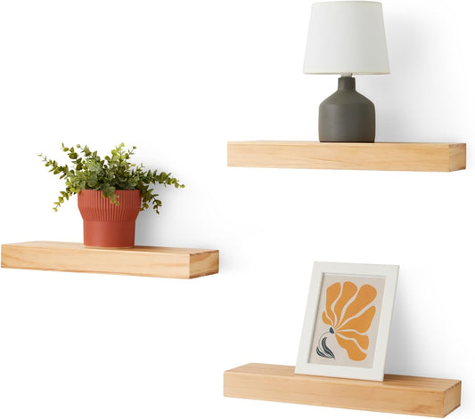 Amazon Basics Wood Floating Wall Shelves, Pack of 3, Pine, 15.8" x 5" x 1.8"