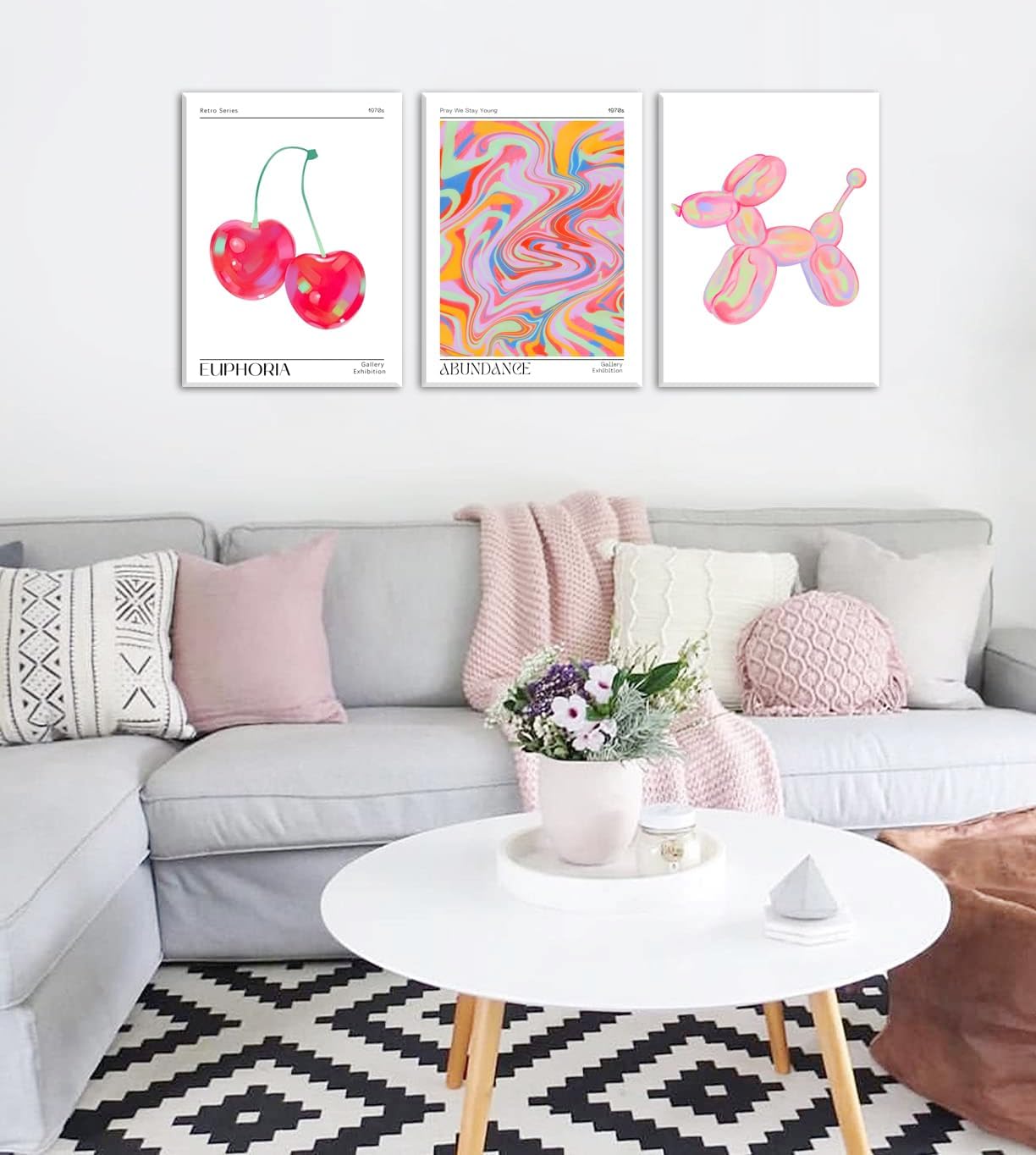 Framed Pink Preppy Wall Art Set of 3 Trendy Cute Balloon Dog Cherry Posters Abstract Aura Canvas Prints Modern Colorful Painting Retro Pop Art Decor Positive Picture for Living Room Bedroom 12x16in