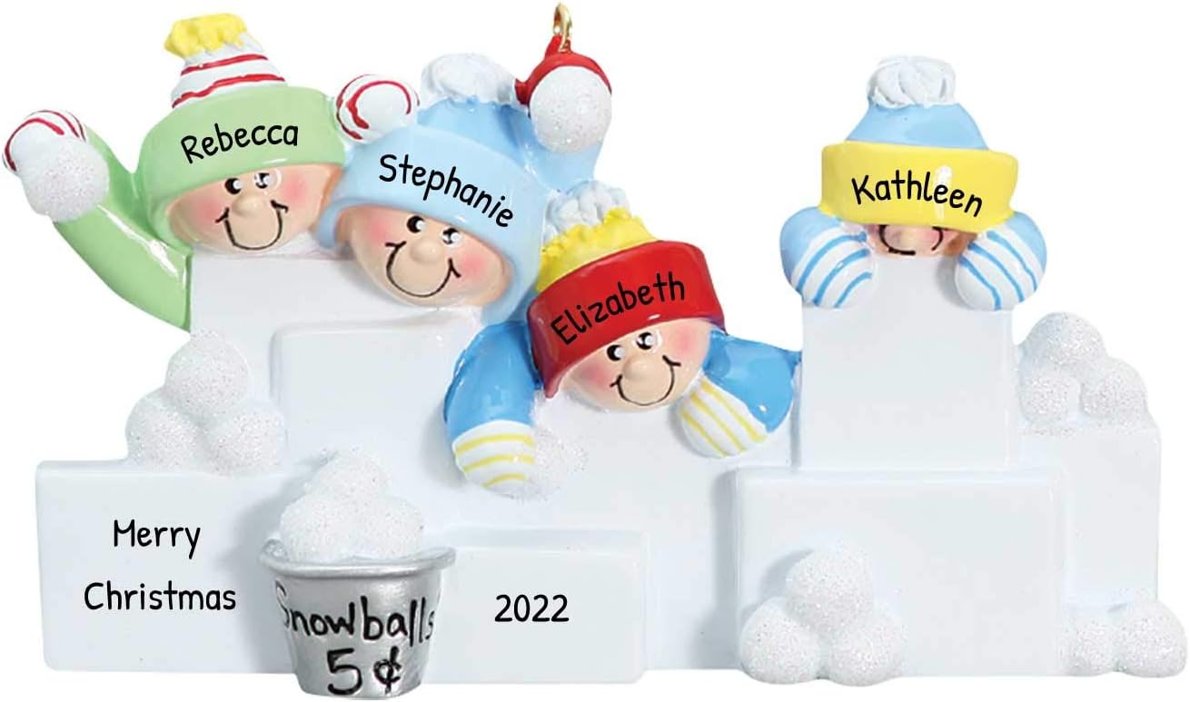 3D Snowball Fight Family of 4 Ornament 2025 Personalized Family Christmas Ornaments 2025 | Snowman Winter Holiday Personalized Tree Ornaments for Grandchildren, Siblings & Grandkids of Four Ornament