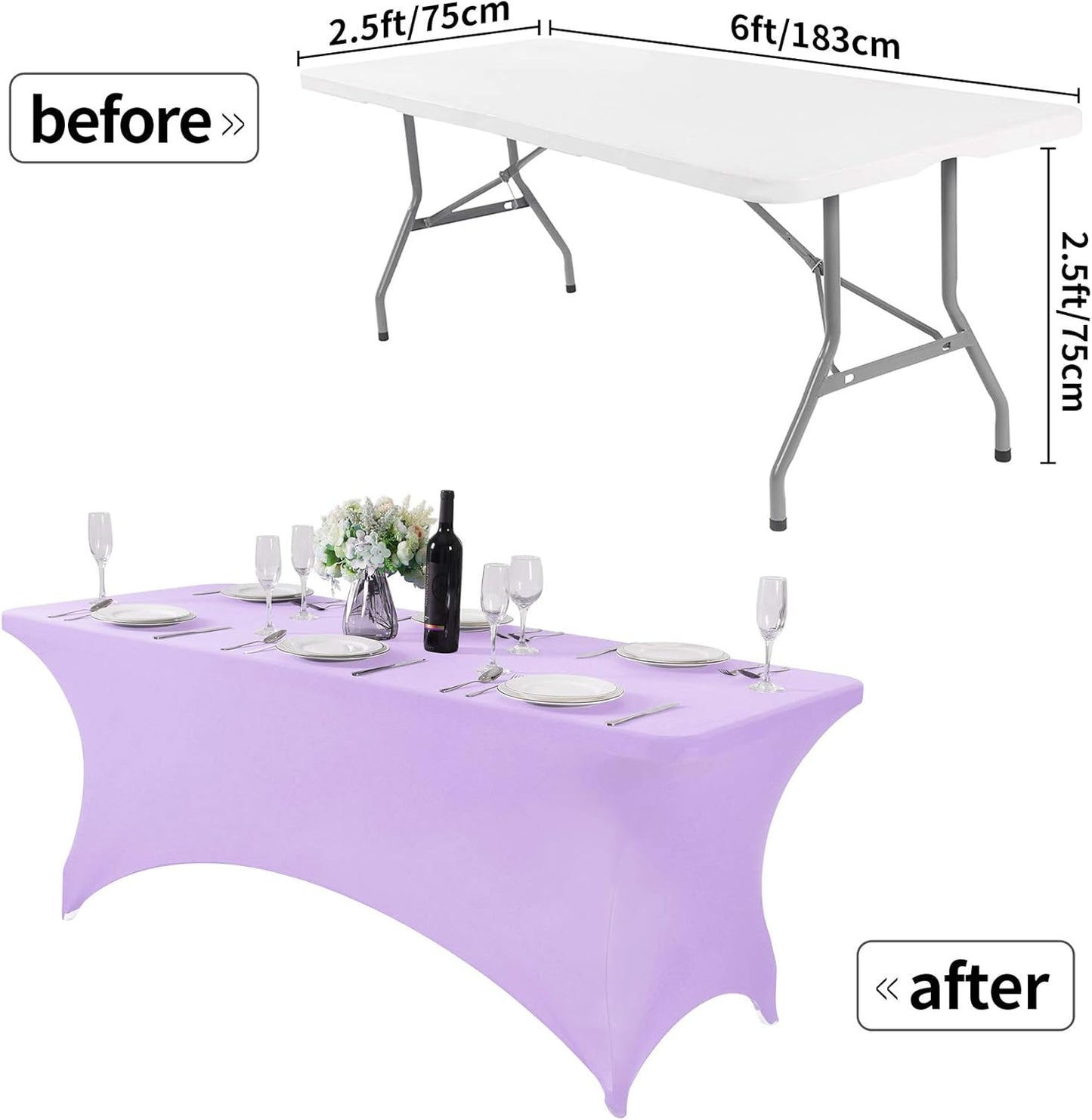 2Pack Spandex Table Cover for 6Ft or 4fT or 8ft Table Universal Fitted Stretch Tablecloth for Party, Banquet, Wedding and Events-Lavender