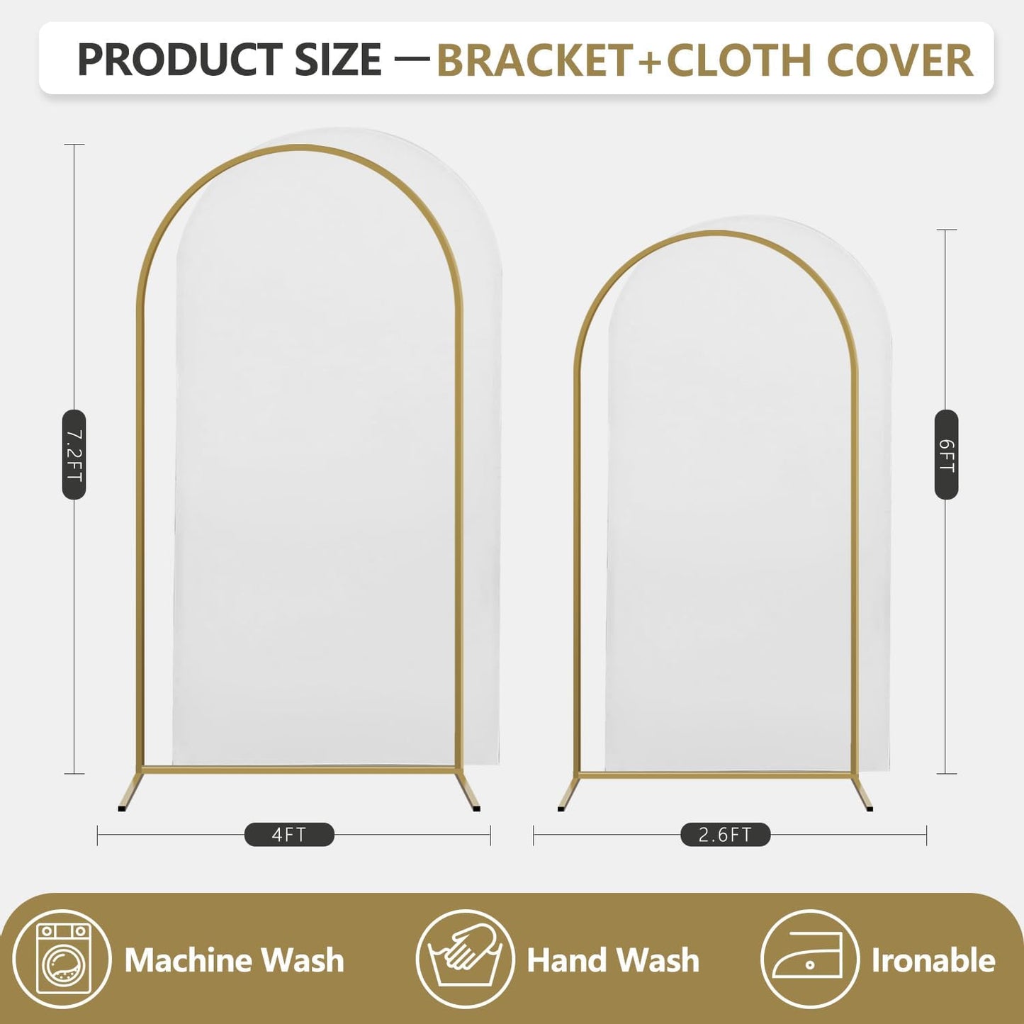 Arch Backdrop Stand and Cover Set, 2 Metal Balloon Arch Backdrop 7.2ft 6ft, Gold Arched Stand Frame for Wedding, Parties,Birthday, Backdrop Decorations (White,7.2ft+6ft)