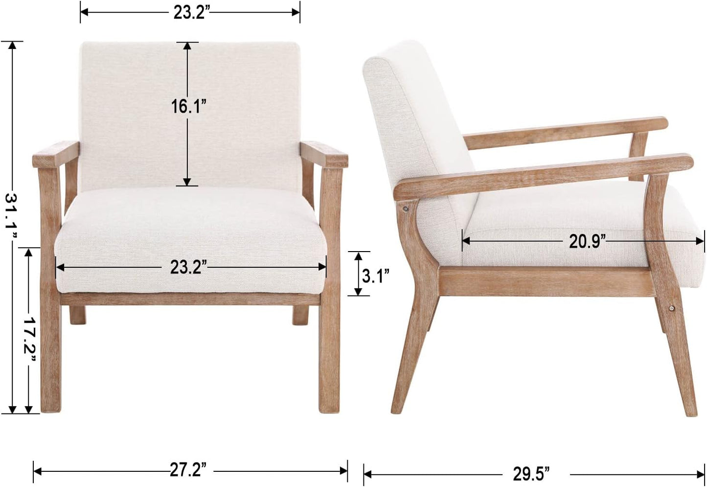 Accent Chair Mid Century Modern Armchair, Linen Upholstered Living Room Accent Armchair with Wood Frame, Farmhouse Chair Indoor Corner Chair for Living Room Bedroom, Ivory