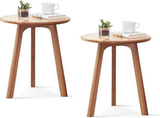 100% Solid Oak Round Side Table Set of 2, Small Bedside Table for Small Spaces, Living Room End Table with Stable Frame, Modern Nightstand for Bedroom Couch(Natural, 17.71" D x 19.68" H)