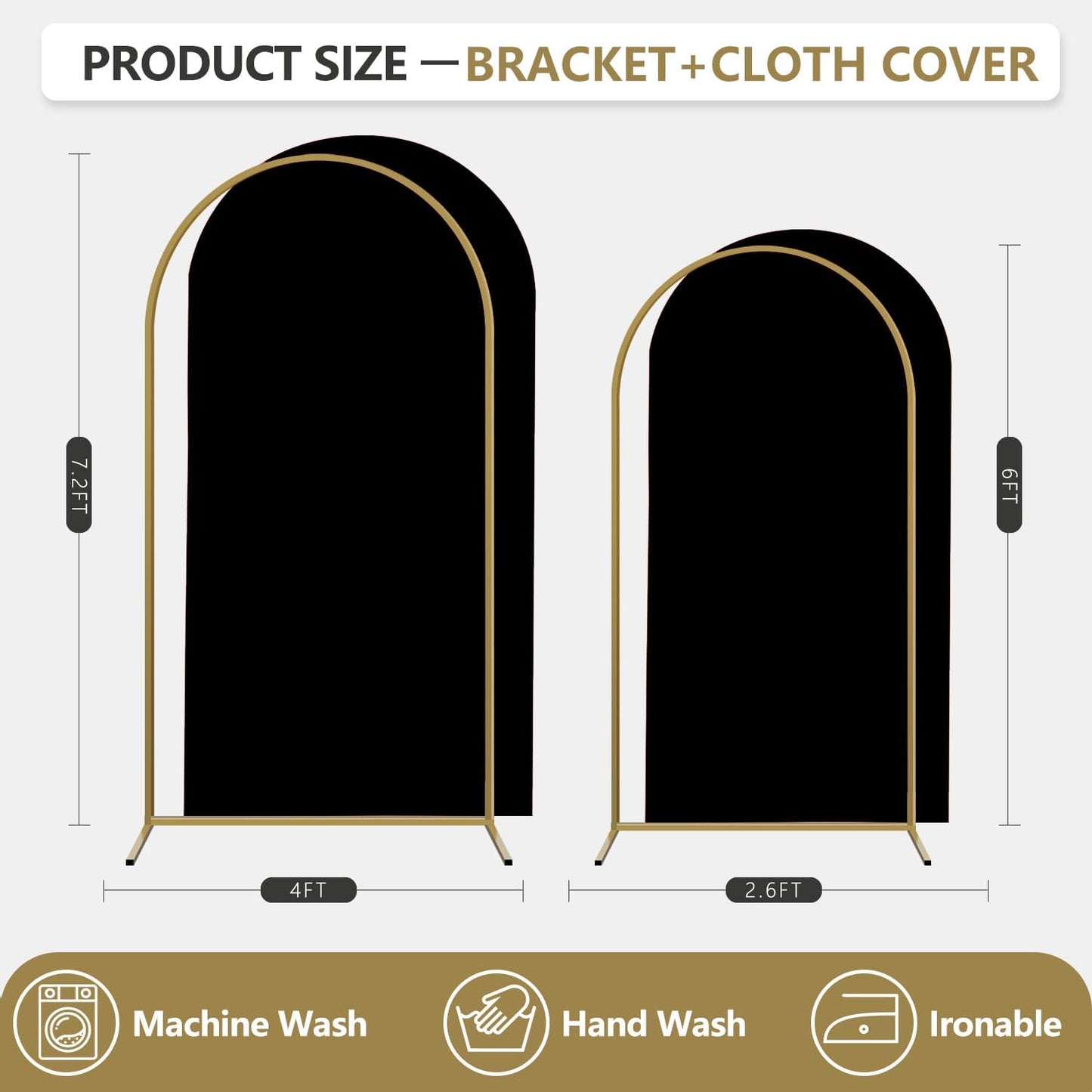 Arch Backdrop Stand and Cover Set, 3 Metal Balloon Arch Backdrop 7.2ft 6ft, Gold Arched Stand Frame for Wedding, Parties,Birthday, Backdrop Decorations (Black,7.2ft+6ft)